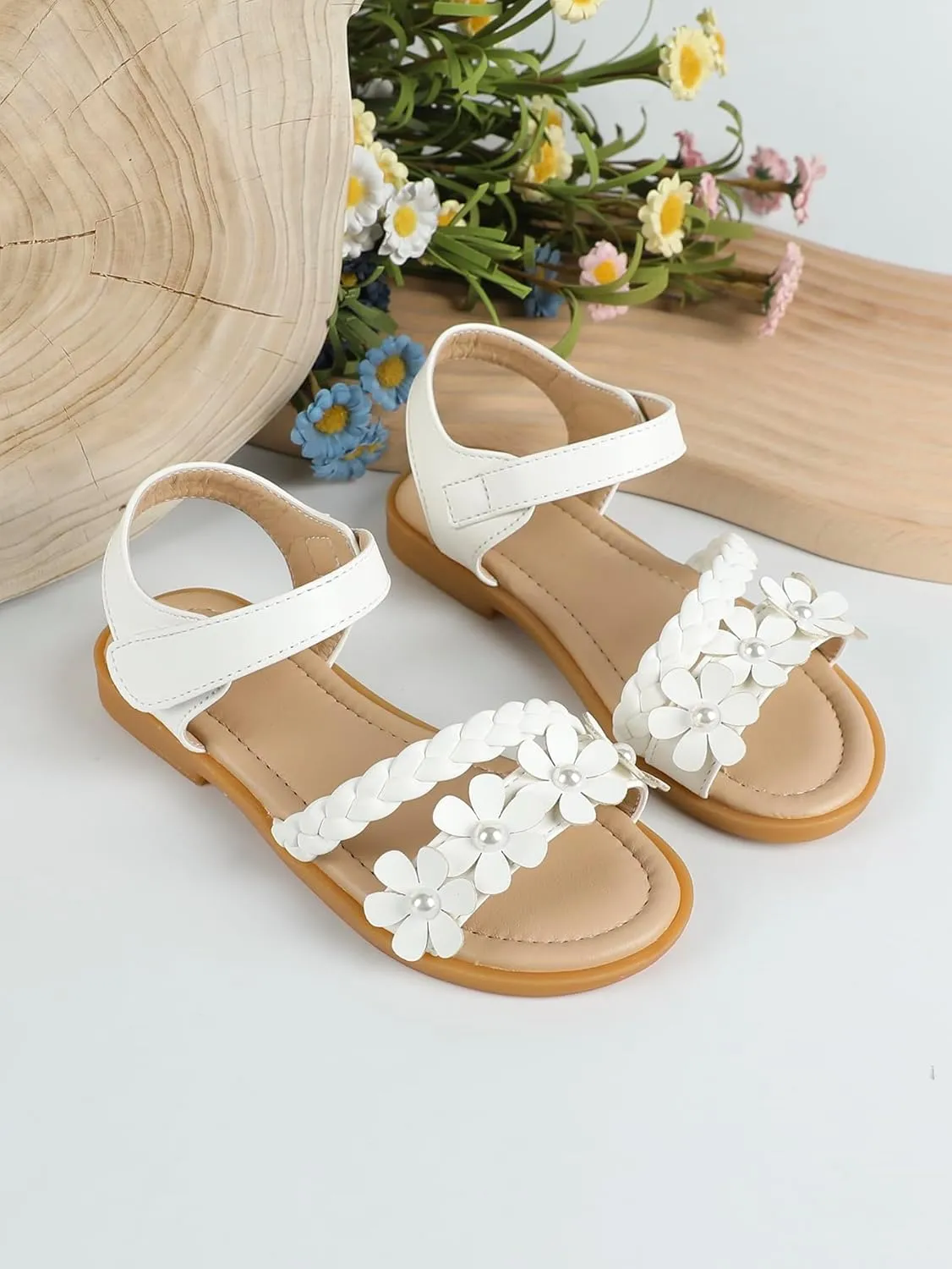 OYOANGLE Girl's Flower Decor Braided Flat Sandals Open Toe Ankle Strap Dressy Sandals
