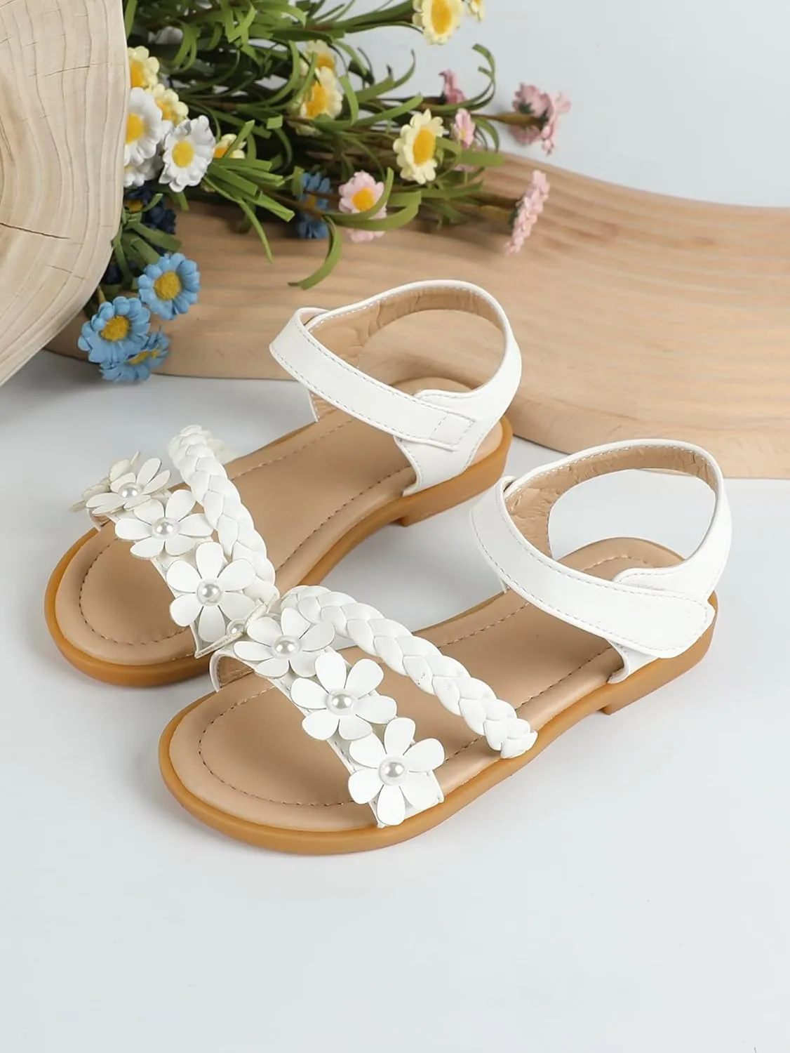OYOANGLE Girl's Flower Decor Braided Flat Sandals Open Toe Ankle Strap Dressy Sandals