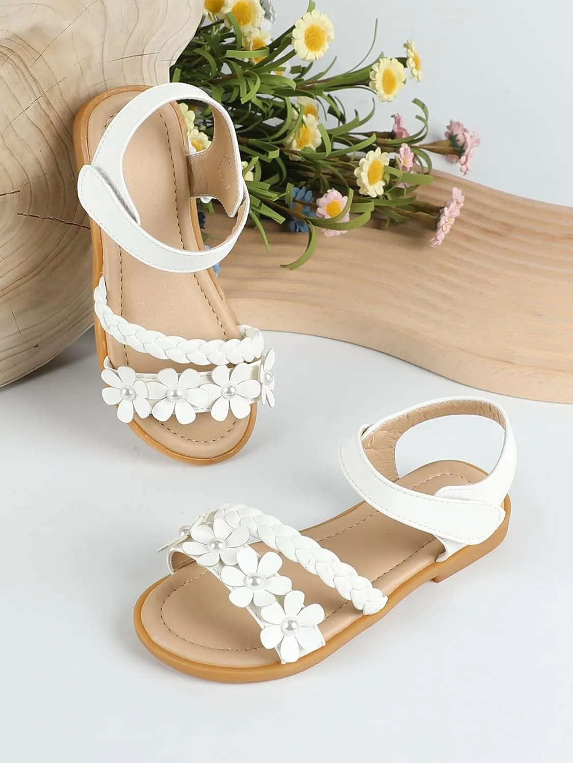 OYOANGLE Girl's Flower Decor Braided Flat Sandals Open Toe Ankle Strap Dressy Sandals