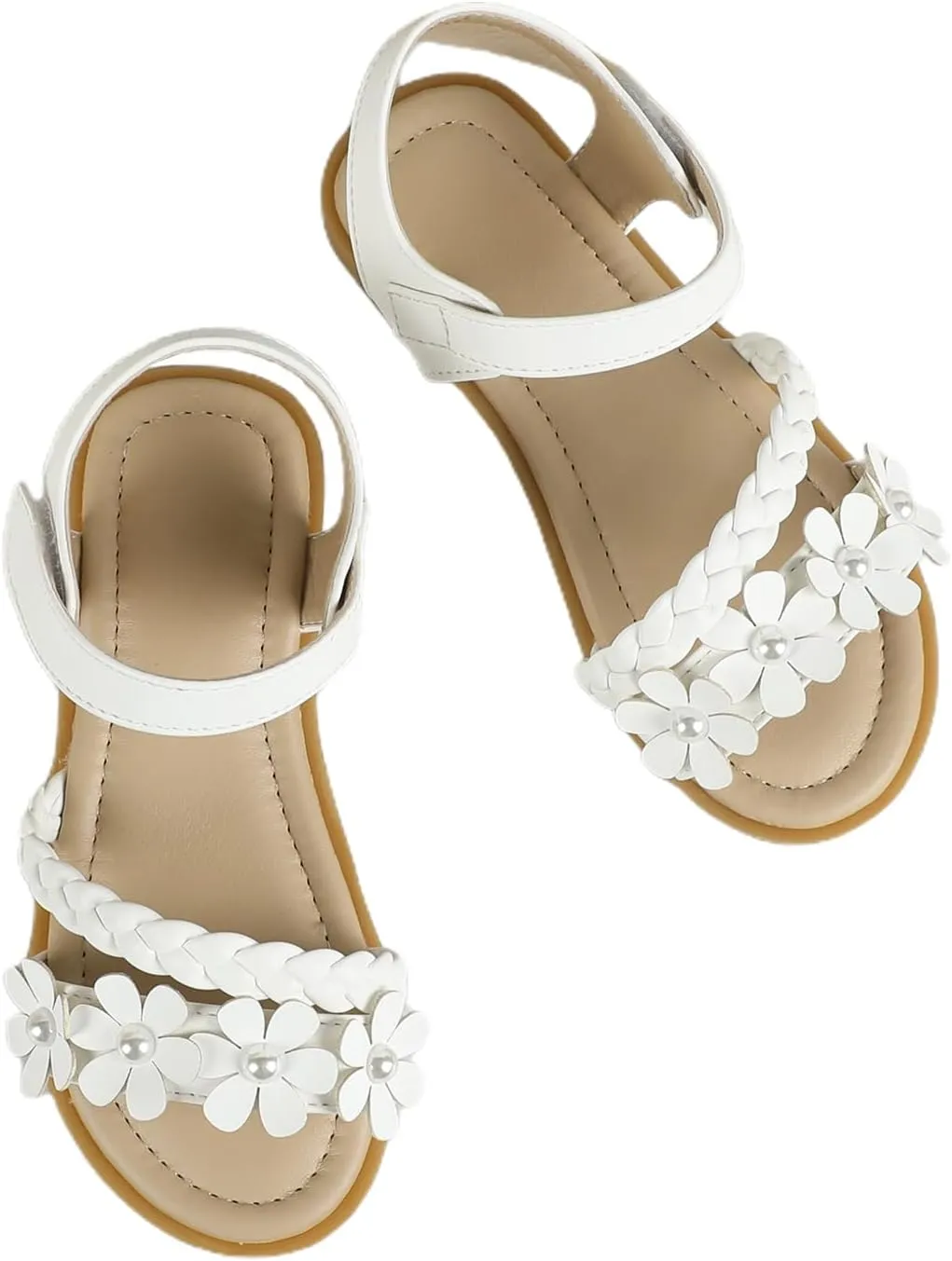 OYOANGLE Girl's Flower Decor Braided Flat Sandals Open Toe Ankle Strap Dressy Sandals
