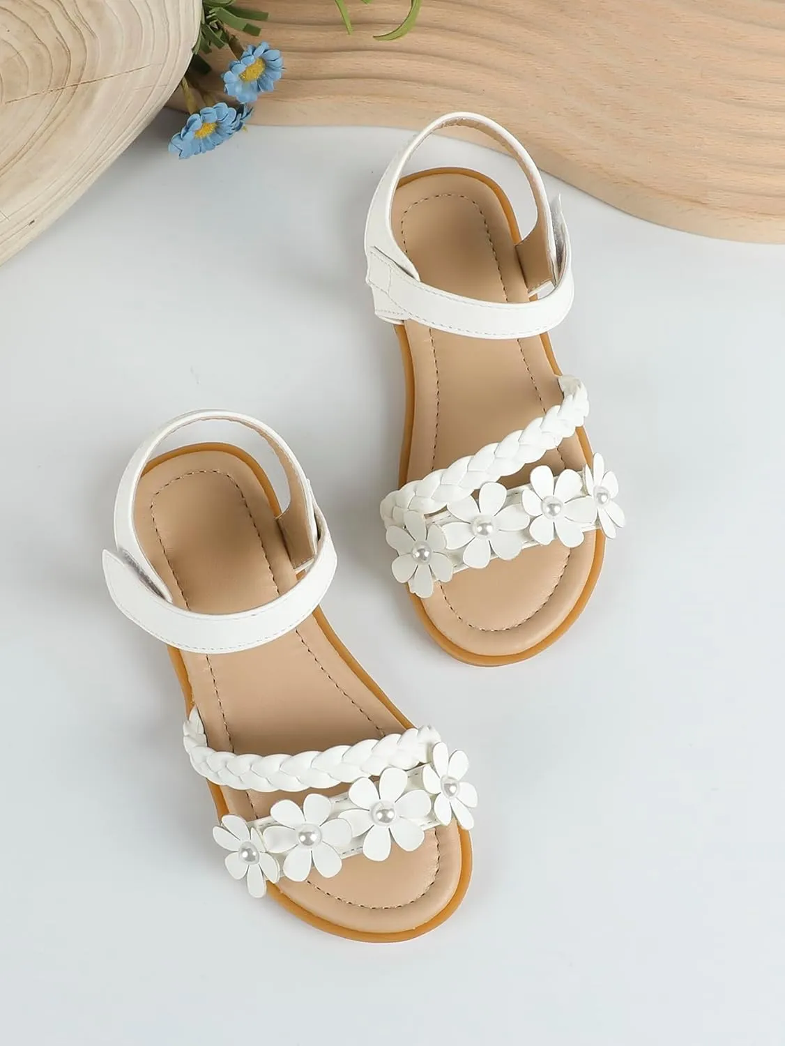 OYOANGLE Girl's Flower Decor Braided Flat Sandals Open Toe Ankle Strap Dressy Sandals