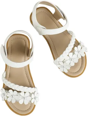 OYOANGLE Girl's Flower Decor Braided Flat Sandals Open Toe Ankle Strap Dressy Sandals