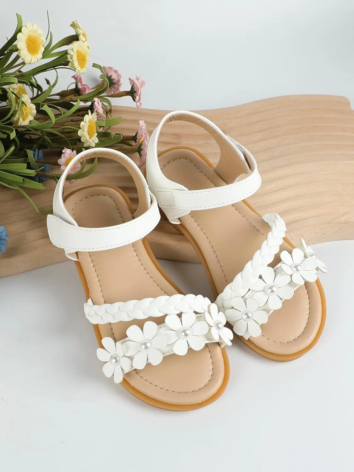 OYOANGLE Girl's Flower Decor Braided Flat Sandals Open Toe Ankle Strap Dressy Sandals