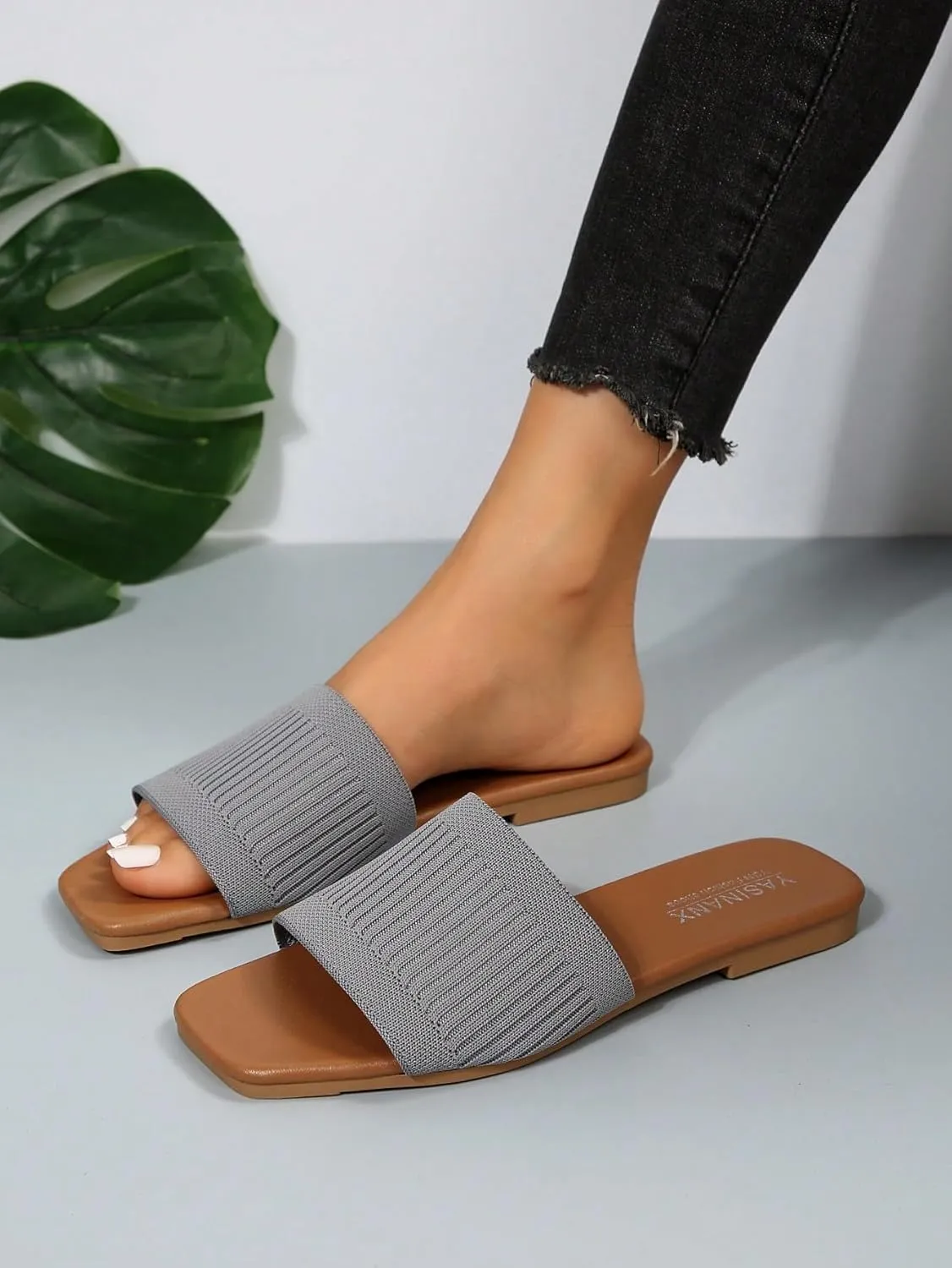 OYOANGLE Women's Single Band Square Open Toe Slide Sandals Summer Slip on Flat Sandals