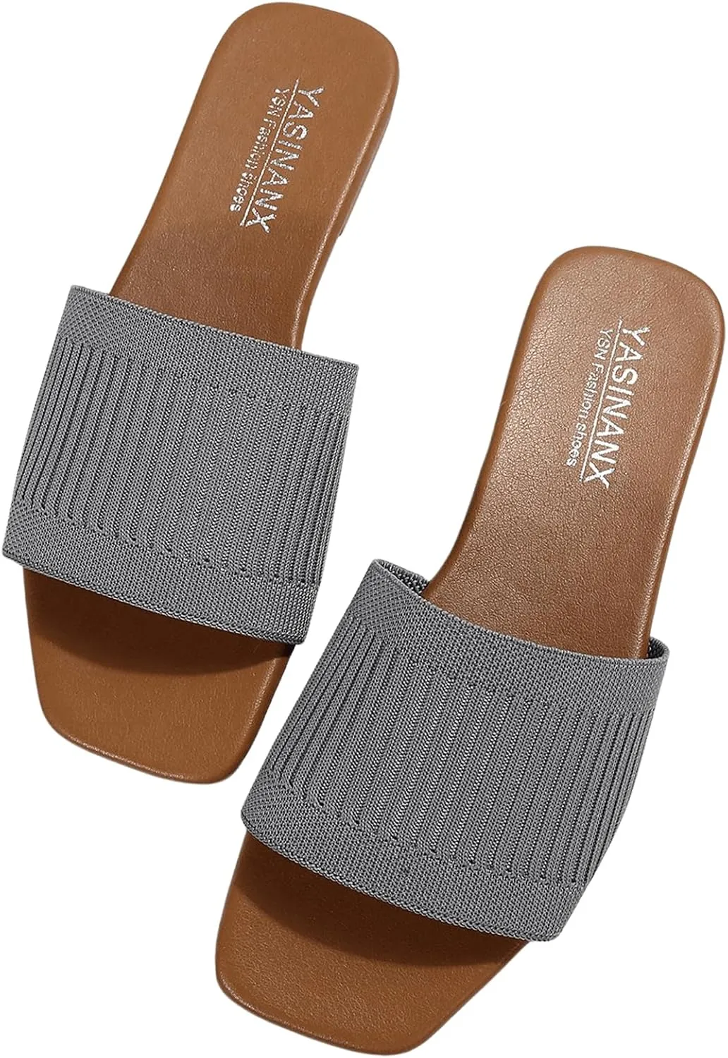 OYOANGLE Women's Single Band Square Open Toe Slide Sandals Summer Slip on Flat Sandals