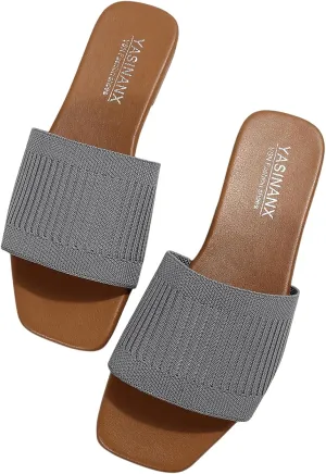 OYOANGLE Women's Single Band Square Open Toe Slide Sandals Summer Slip on Flat Sandals