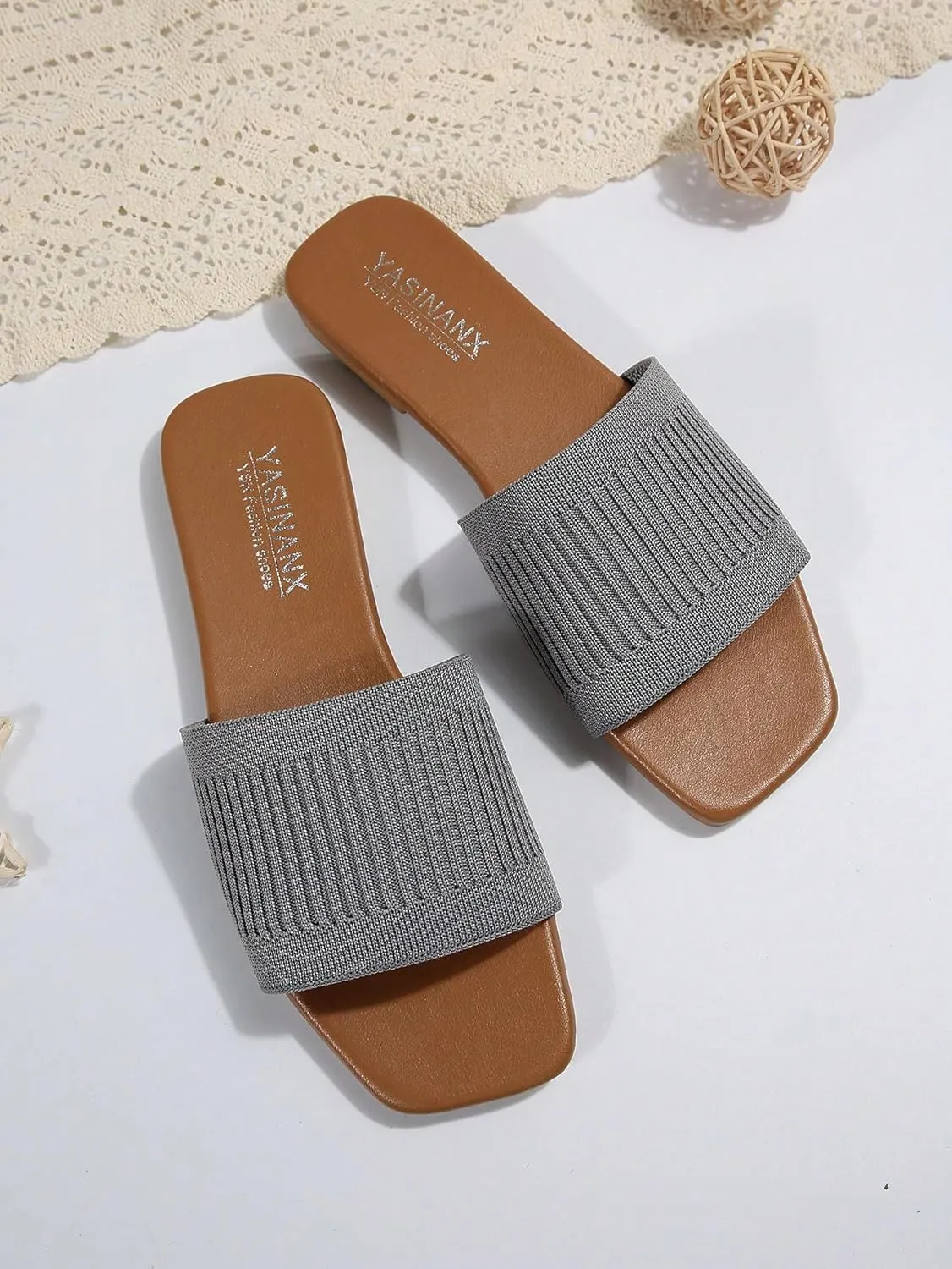 OYOANGLE Women's Single Band Square Open Toe Slide Sandals Summer Slip on Flat Sandals