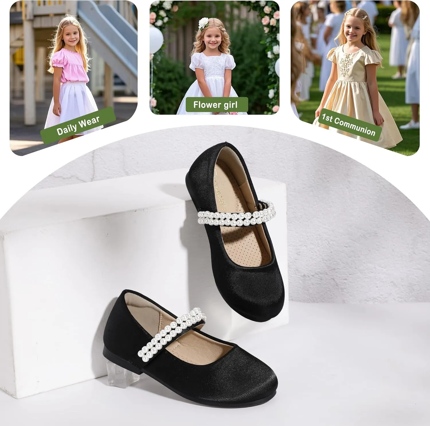 PANDANINJIA Flower Girl Shoes Toddler Little Kid Ballet Flats Pearls Wedding Party Mary Jane Girls Dress Shoes