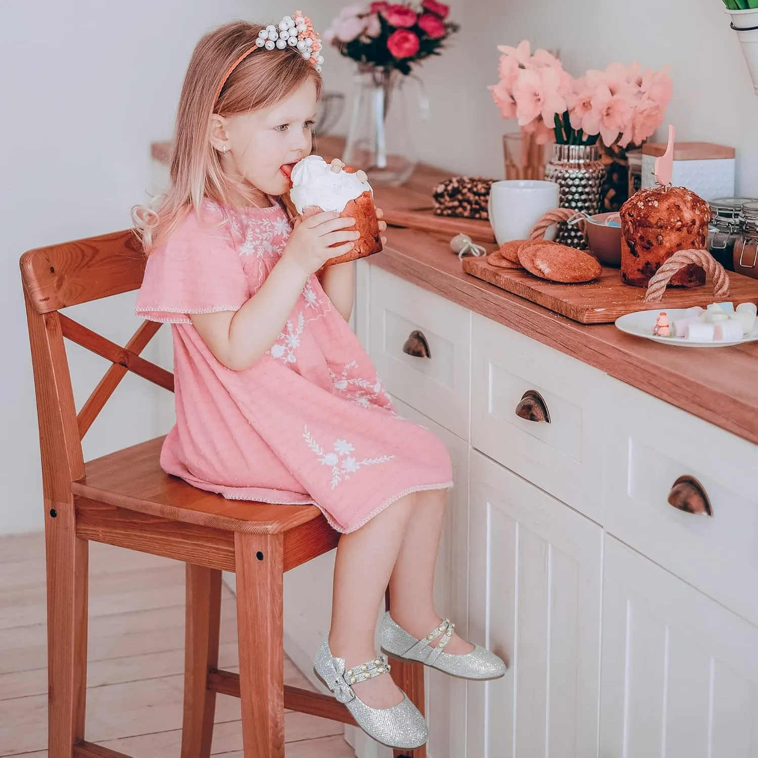 PANDANINJIA Toddler Girls Dress Shoes Pearls Bow Ballet Flats Flower Girl Shoes for Wedding Party School Communion Shoes
