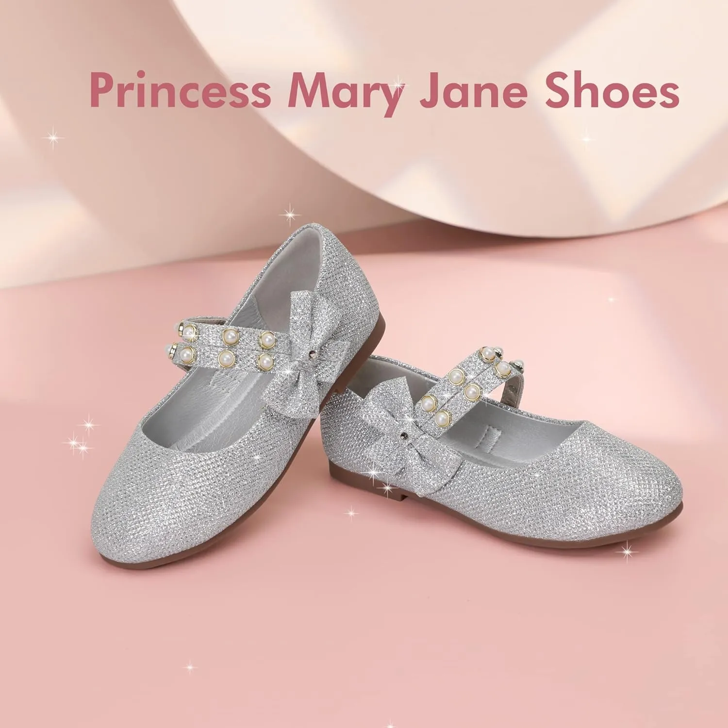 PANDANINJIA Toddler Girls Dress Shoes Pearls Bow Ballet Flats Flower Girl Shoes for Wedding Party School Communion Shoes
