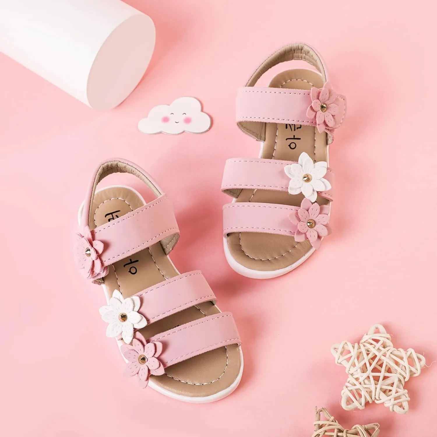 PATPAT Girls Sandals - Flower Design, Open Toe, Flat, Casual - White, Pink, Yellow - Toddler/Little Kid/Big Kid