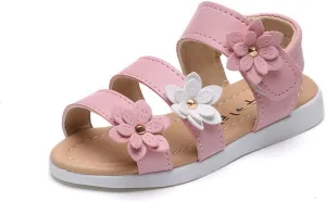 PATPAT Girls Sandals - Flower Design, Open Toe, Flat, Casual - White, Pink, Yellow - Toddler/Little Kid/Big Kid