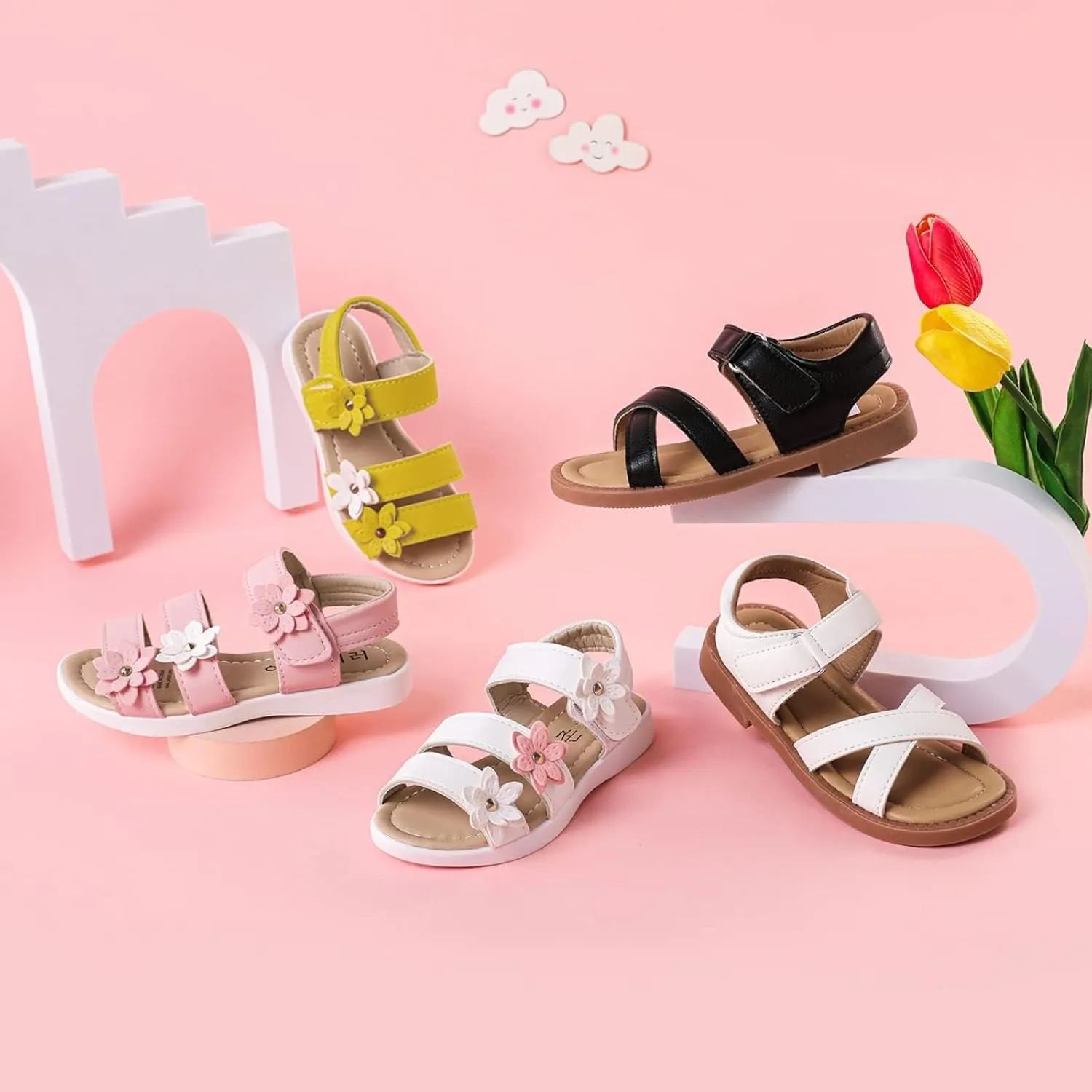 PATPAT Girls Sandals - Flower Design, Open Toe, Flat, Casual - White, Pink, Yellow - Toddler/Little Kid/Big Kid