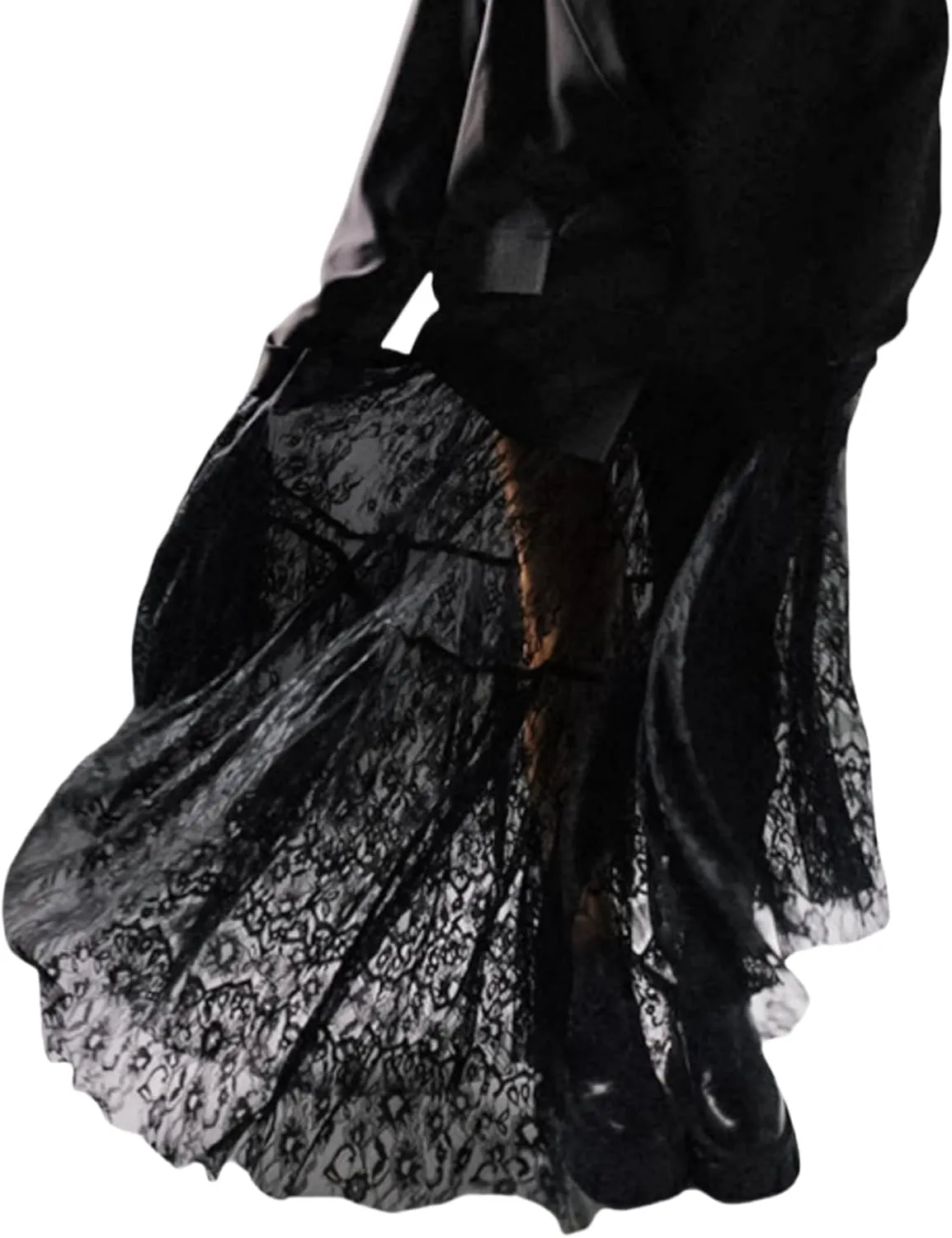Perbai Women's Sexy Sheer Lace Skirt High Waisted Floral Embroidered Ruffled A Line Long Maxi Beach Skirts