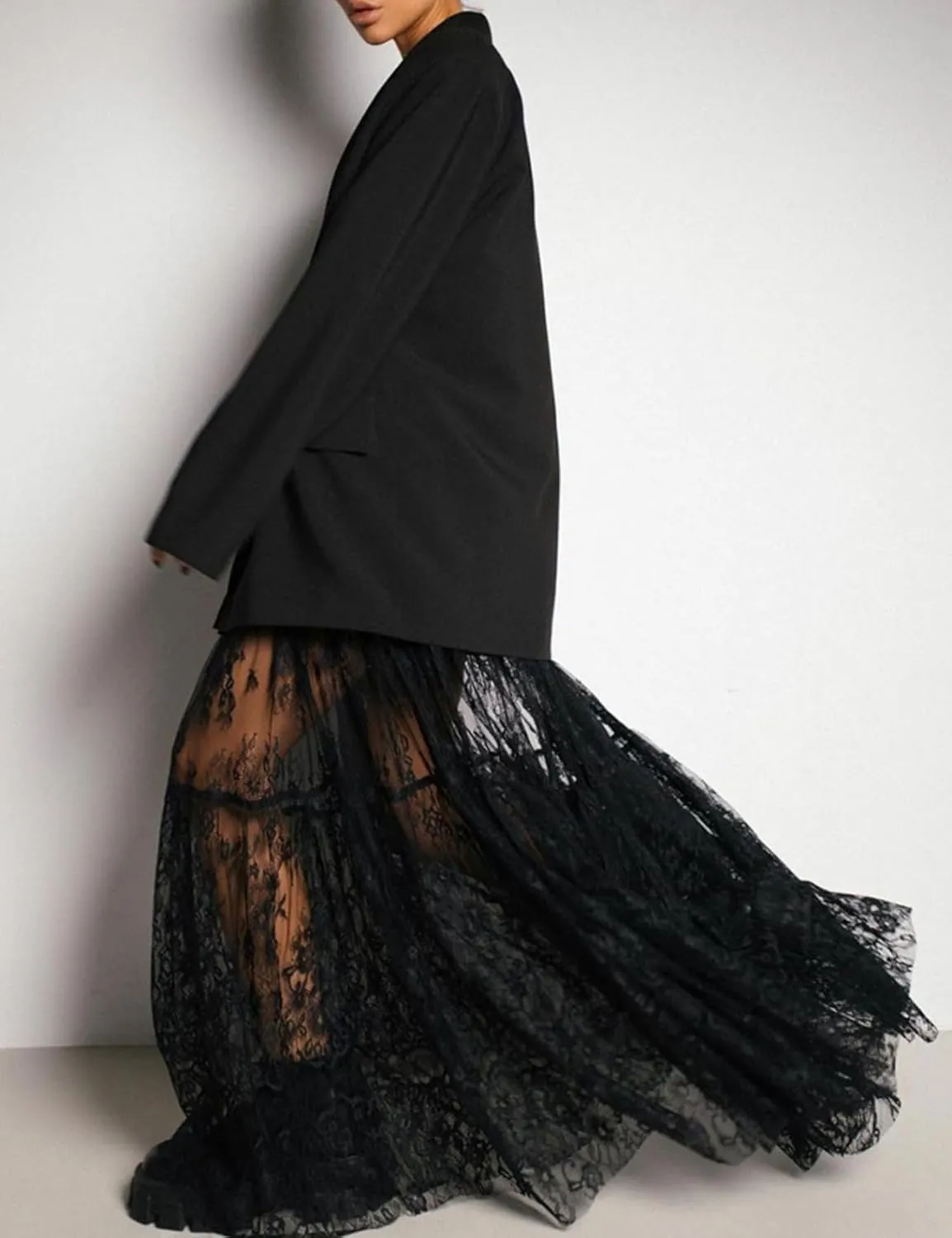 Perbai Women's Sexy Sheer Lace Skirt High Waisted Floral Embroidered Ruffled A Line Long Maxi Beach Skirts
