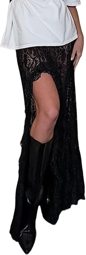 Perbai Women's Sexy Sheer Lace Skirt High Waisted Floral Embroidered Ruffled A Line Long Maxi Beach Skirts