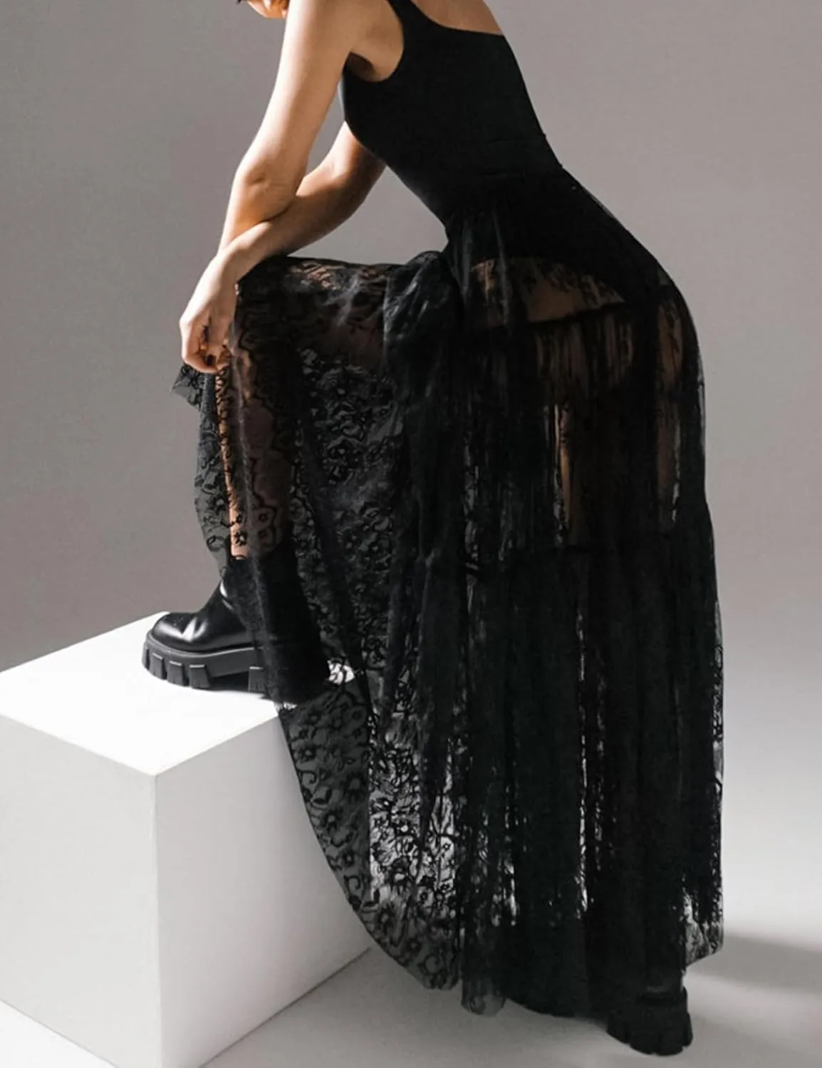 Perbai Women's Sexy Sheer Lace Skirt High Waisted Floral Embroidered Ruffled A Line Long Maxi Beach Skirts