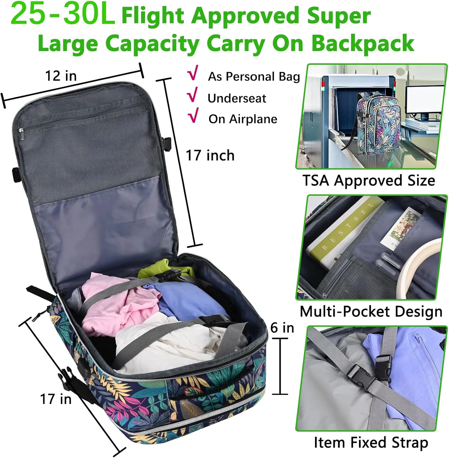 Personal Item Travel Carry On Luggage Backpack for Women Men Flight Approved Casual Weekender Laptop Bag for College Business Outdoors Hiking Water Resistant Lightweight Daypack with USB Charging Port