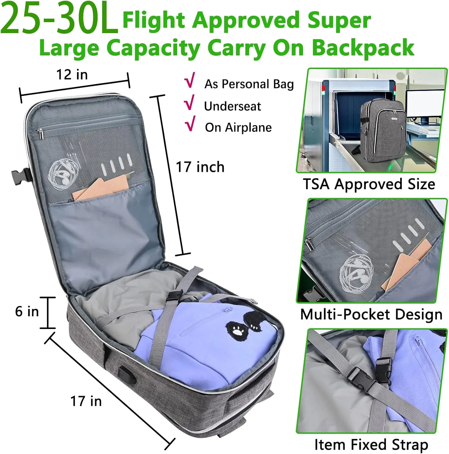 Personal Item Travel Carry On Luggage Backpack for Women Men Flight Approved Casual Weekender Laptop Bag for College Business Outdoors Hiking Water Resistant Lightweight Daypack with USB Charging Port