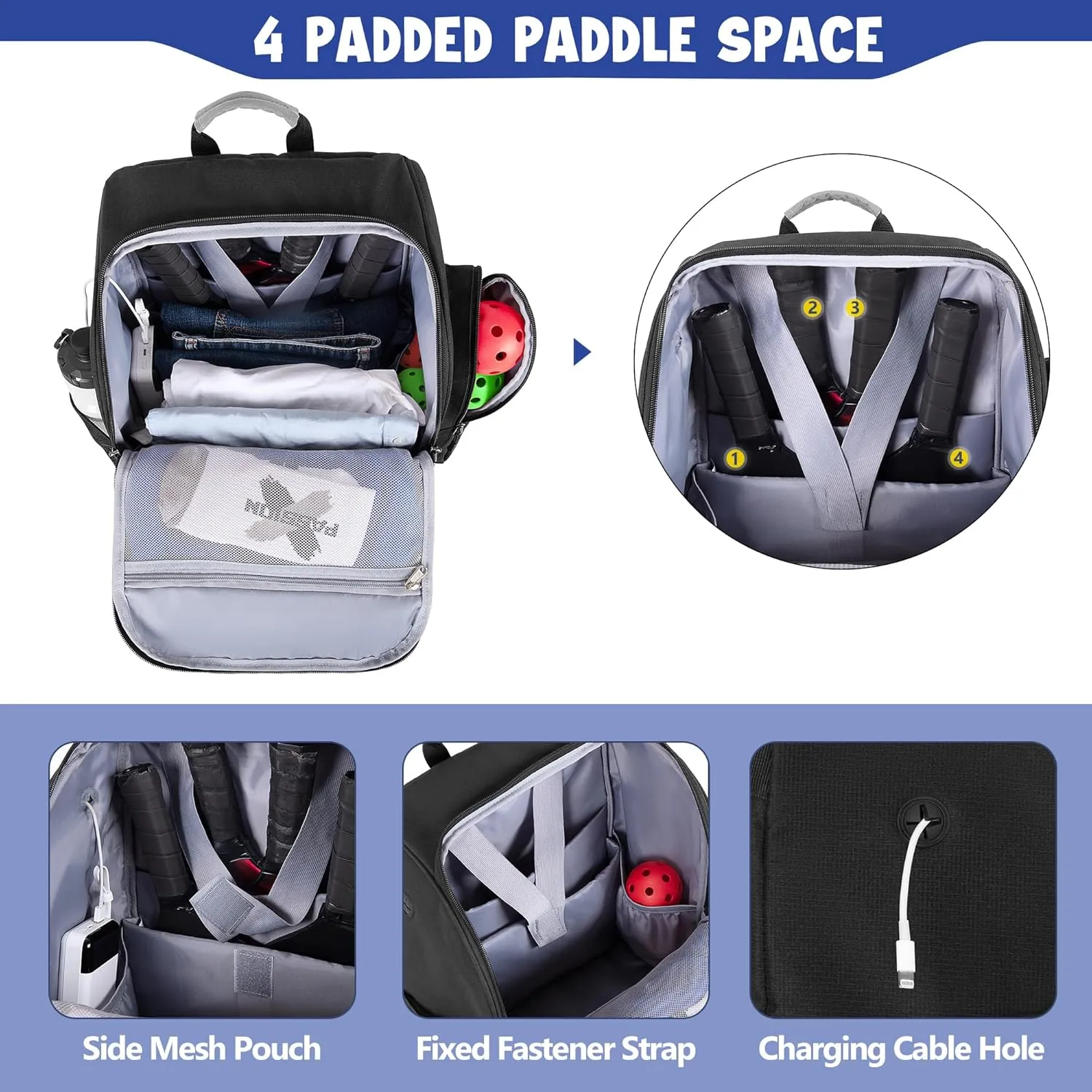 Pickleball Bag for 4 Paddles with Shoe Compartment, Pickleball Backpack with Fence Hook for Pickleball Accessories