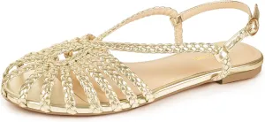PIZZ ANNU Women's Sophia Braided Flat Sandals Comfortable Memory Foam Walking Shoes Summer Gladiator Slingback Ankle Strap Strappy Sandals