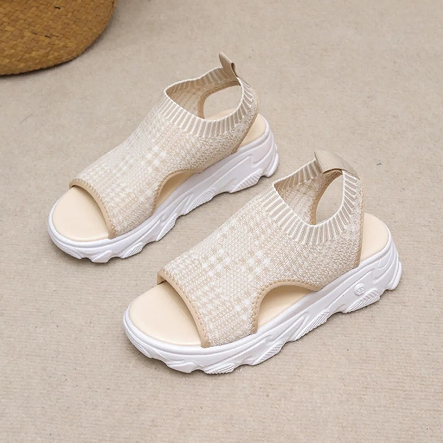 Platform Sandals for Women Casual Summer Fish Mouth Open Toe Slip on Sandals Lightweight Comfortable Net Cloth Hollow Athletic Sandals Outdoor Shoes