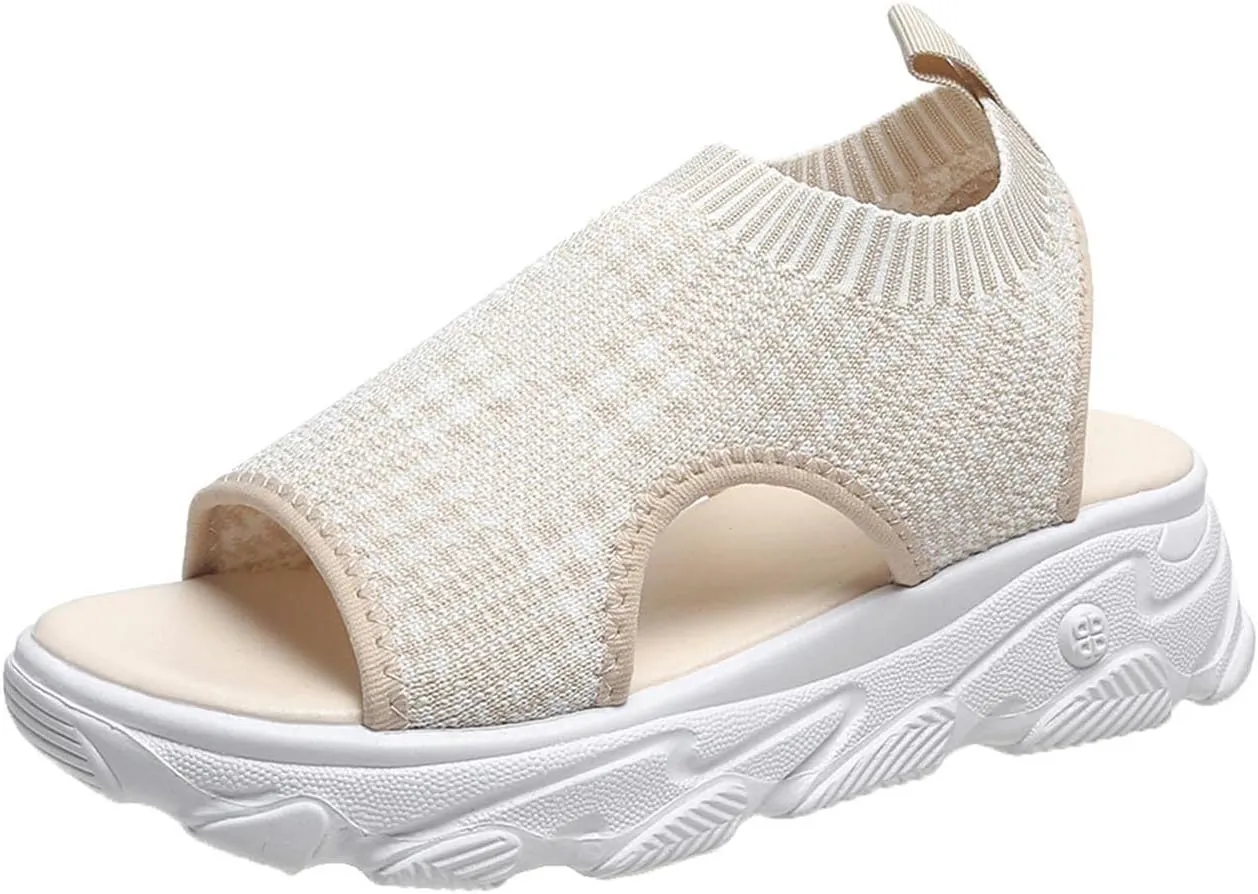 Platform Sandals for Women Casual Summer Fish Mouth Open Toe Slip on Sandals Lightweight Comfortable Net Cloth Hollow Athletic Sandals Outdoor Shoes