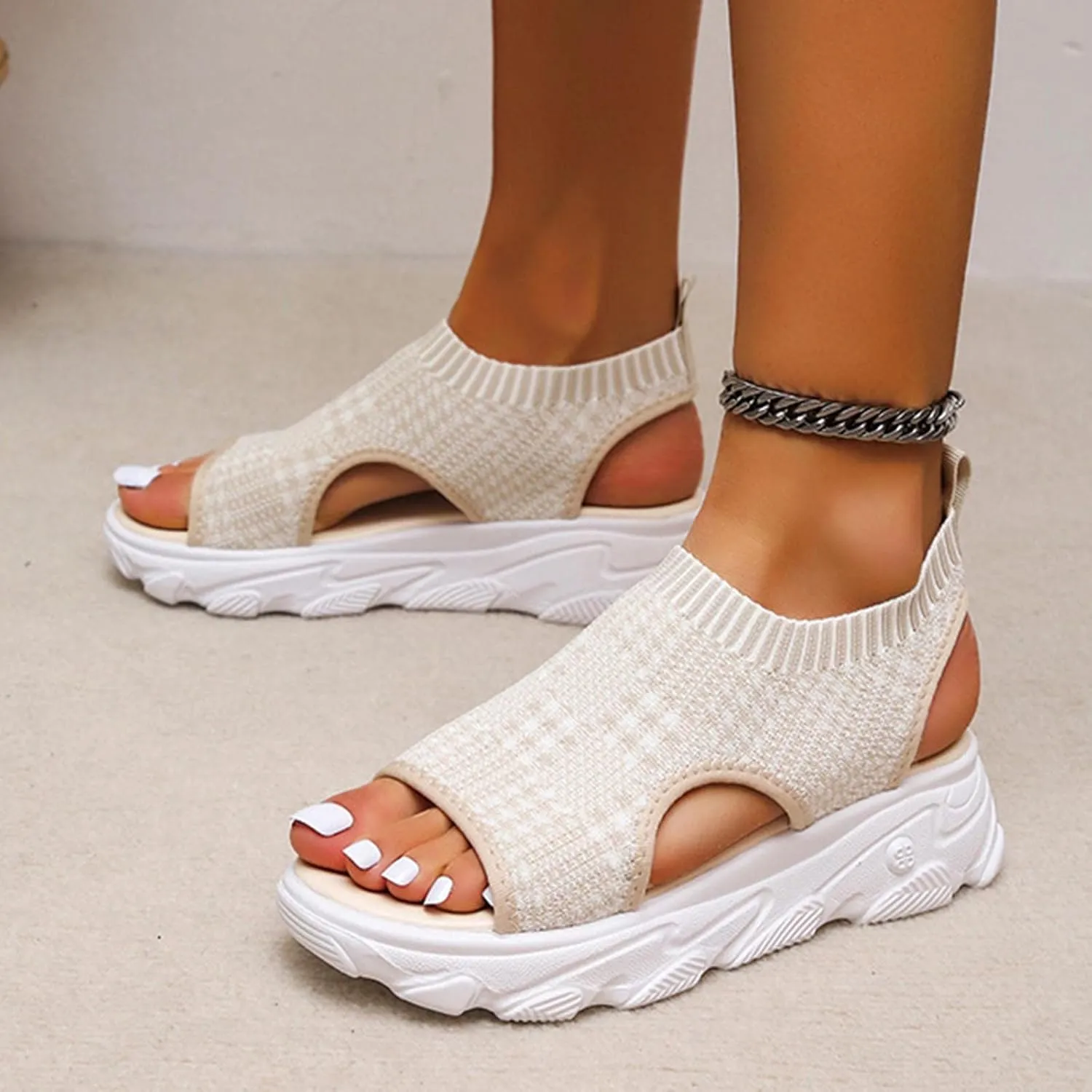 Platform Sandals for Women Casual Summer Fish Mouth Open Toe Slip on Sandals Lightweight Comfortable Net Cloth Hollow Athletic Sandals Outdoor Shoes