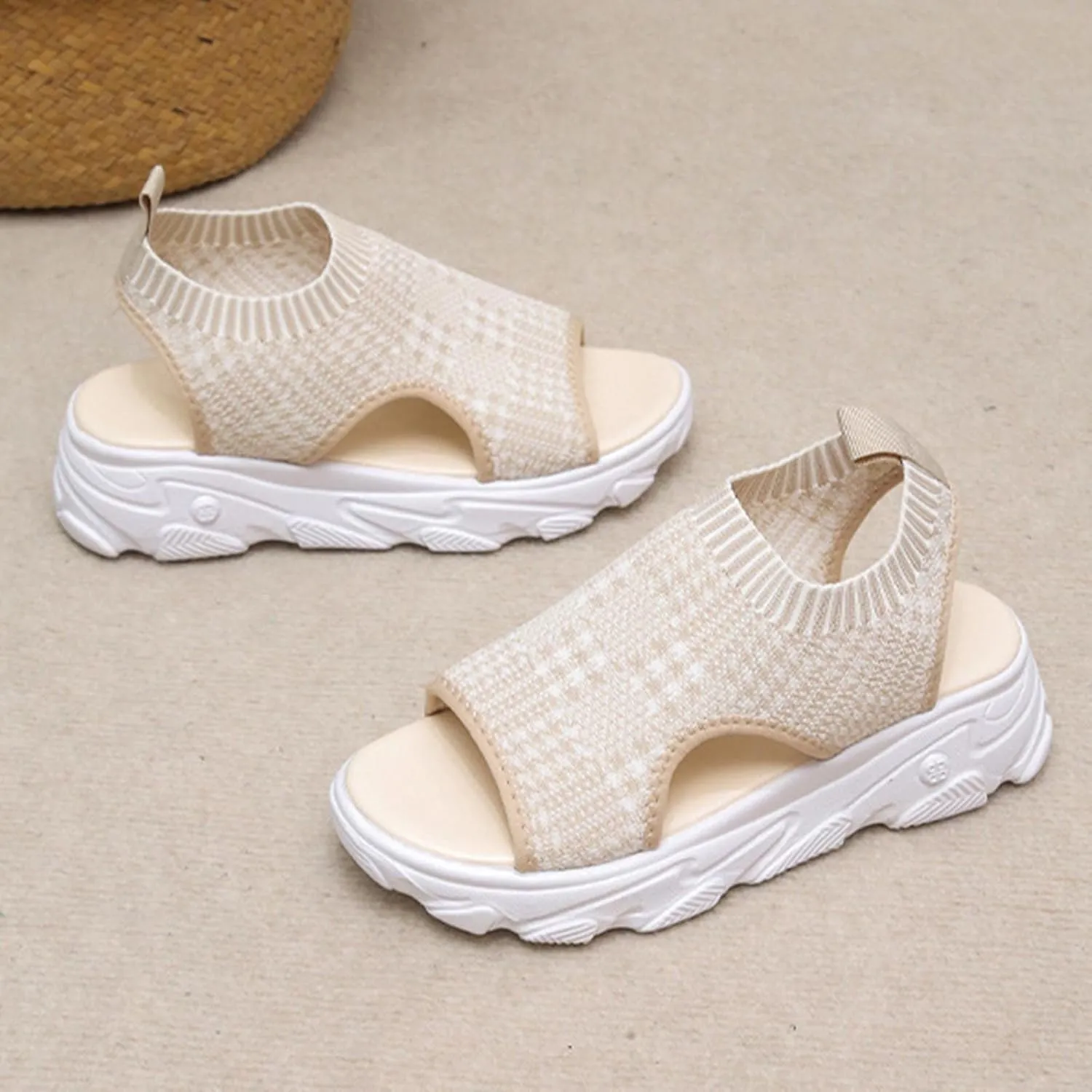 Platform Sandals for Women Casual Summer Fish Mouth Open Toe Slip on Sandals Lightweight Comfortable Net Cloth Hollow Athletic Sandals Outdoor Shoes