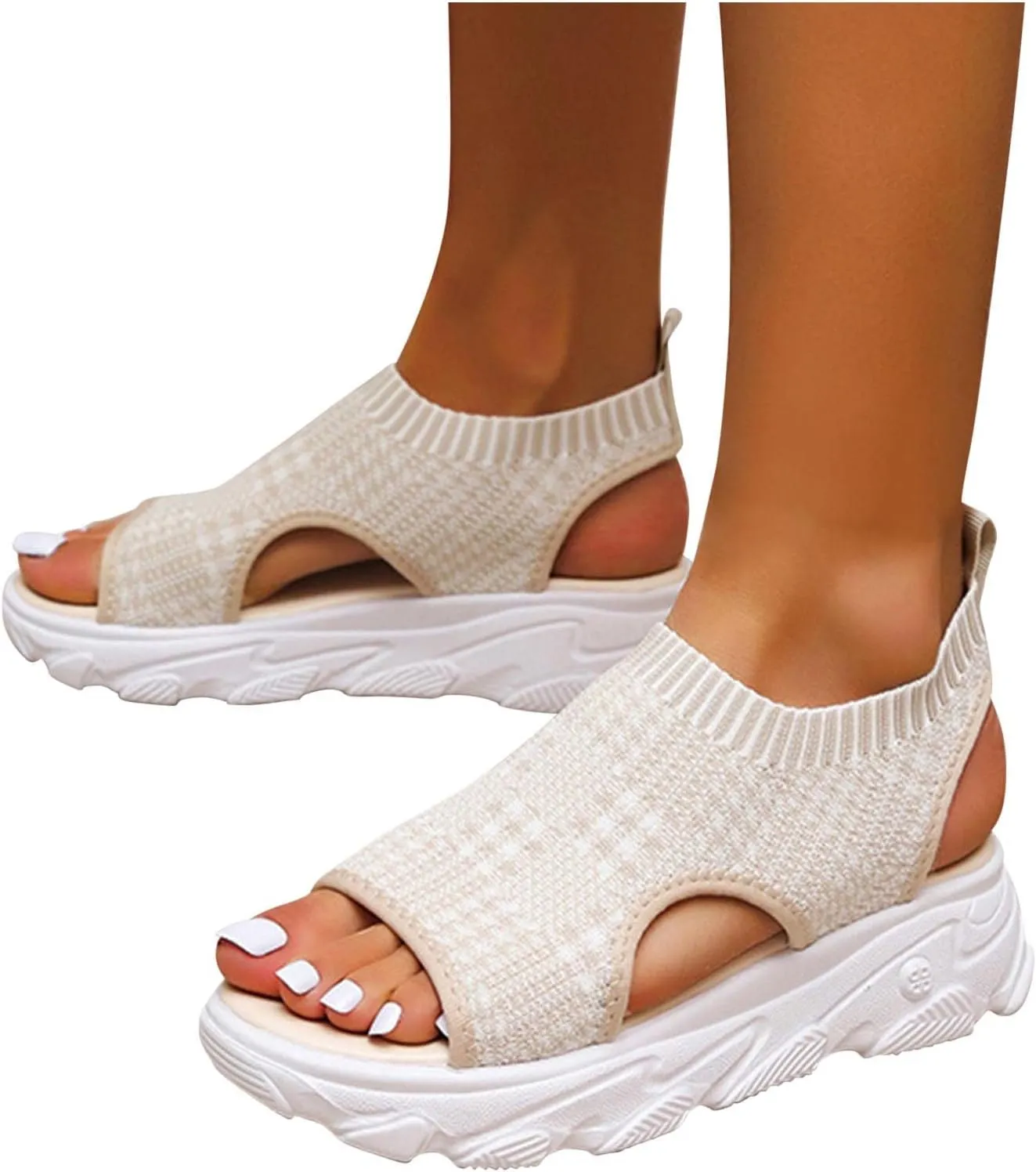 Platform Sandals for Women Casual Summer Fish Mouth Open Toe Slip on Sandals Lightweight Comfortable Net Cloth Hollow Athletic Sandals Outdoor Shoes