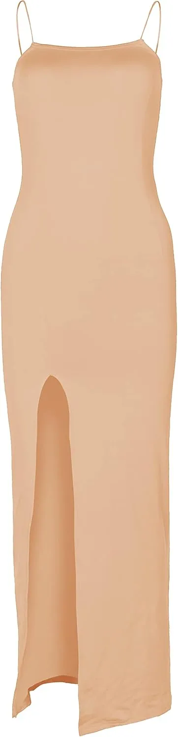 PRIMODA Women's Spaghetti Strap Bodycon Maxi Dress Long Formal Thigh-high Slit Club Wedding Guest Dress