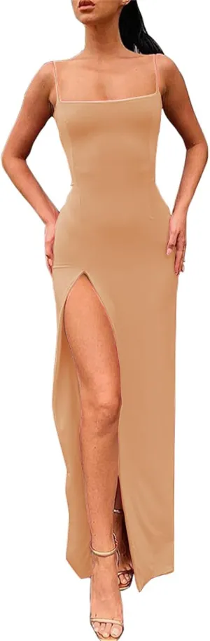 PRIMODA Women's Spaghetti Strap Bodycon Maxi Dress Long Formal Thigh-high Slit Club Wedding Guest Dress
