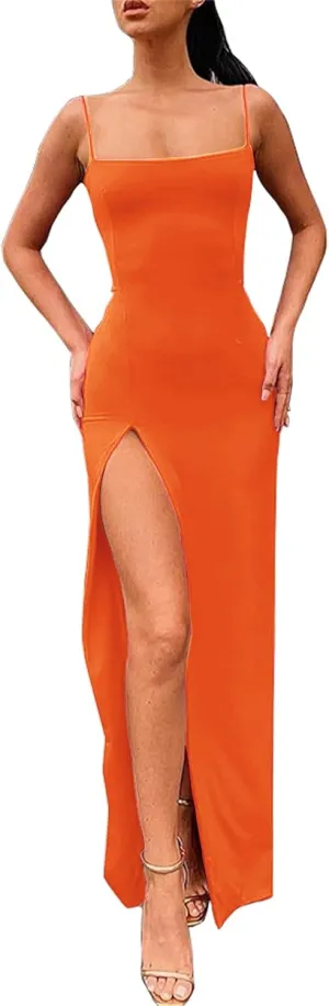 PRIMODA Women's Spaghetti Strap Bodycon Maxi Dress Long Formal Thigh-high Slit Club Wedding Guest Dress