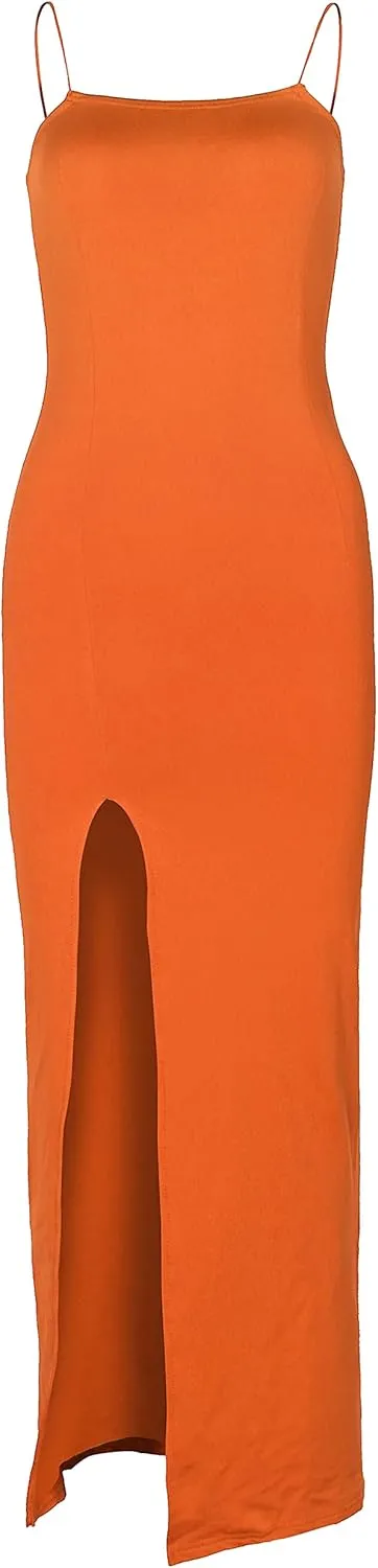 PRIMODA Women's Spaghetti Strap Bodycon Maxi Dress Long Formal Thigh-high Slit Club Wedding Guest Dress