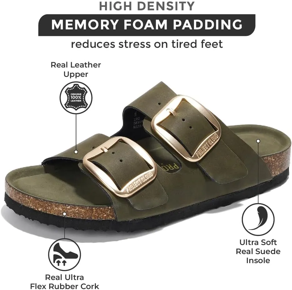 Project Cloud Genuine Leather Flat Sandals for Women 2025 Comfortable Beach Essentials Womens Sandals Memory Foam Vacation Essentials Slides for Women Footwear (Santorini)