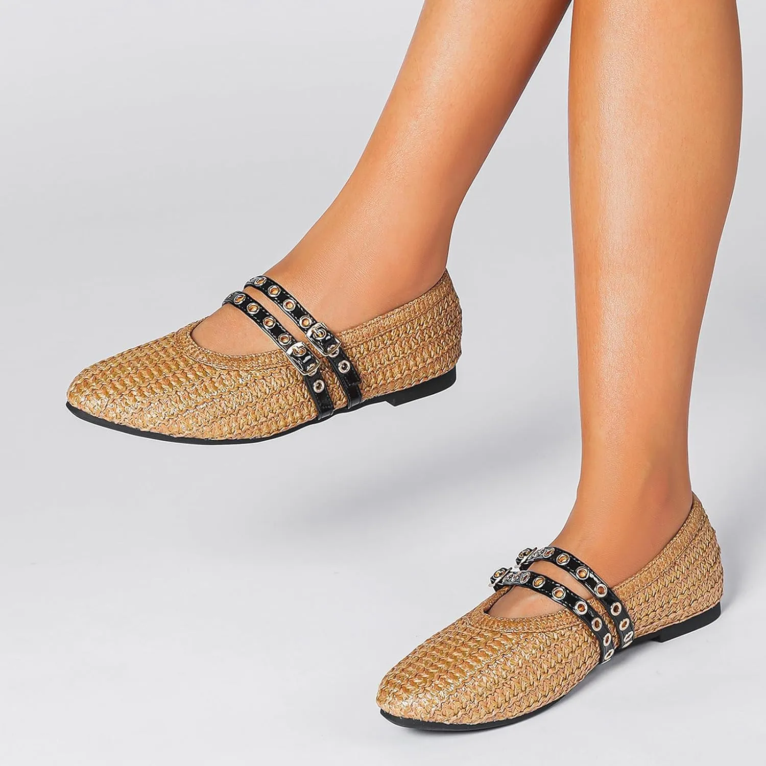 Raffia Woven Ballet Flats for Women, Comfort Casual Flat Shoe for Women,Adjustable Double Buckle Strap Eyelet Mary Jane