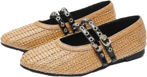 Raffia Woven Ballet Flats for Women, Comfort Casual Flat Shoe for Women,Adjustable Double Buckle Strap Eyelet Mary Jane