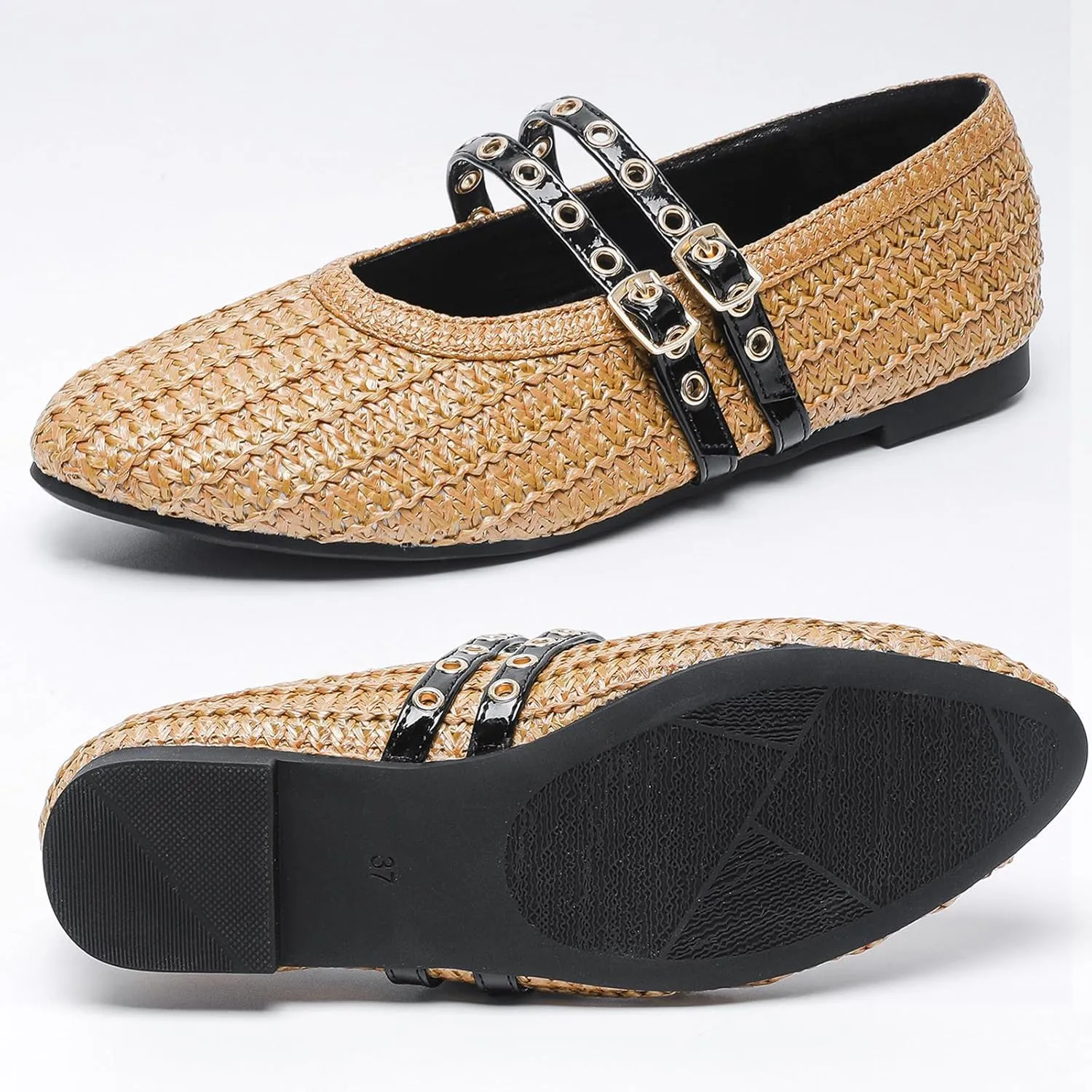 Raffia Woven Ballet Flats for Women, Comfort Casual Flat Shoe for Women,Adjustable Double Buckle Strap Eyelet Mary Jane
