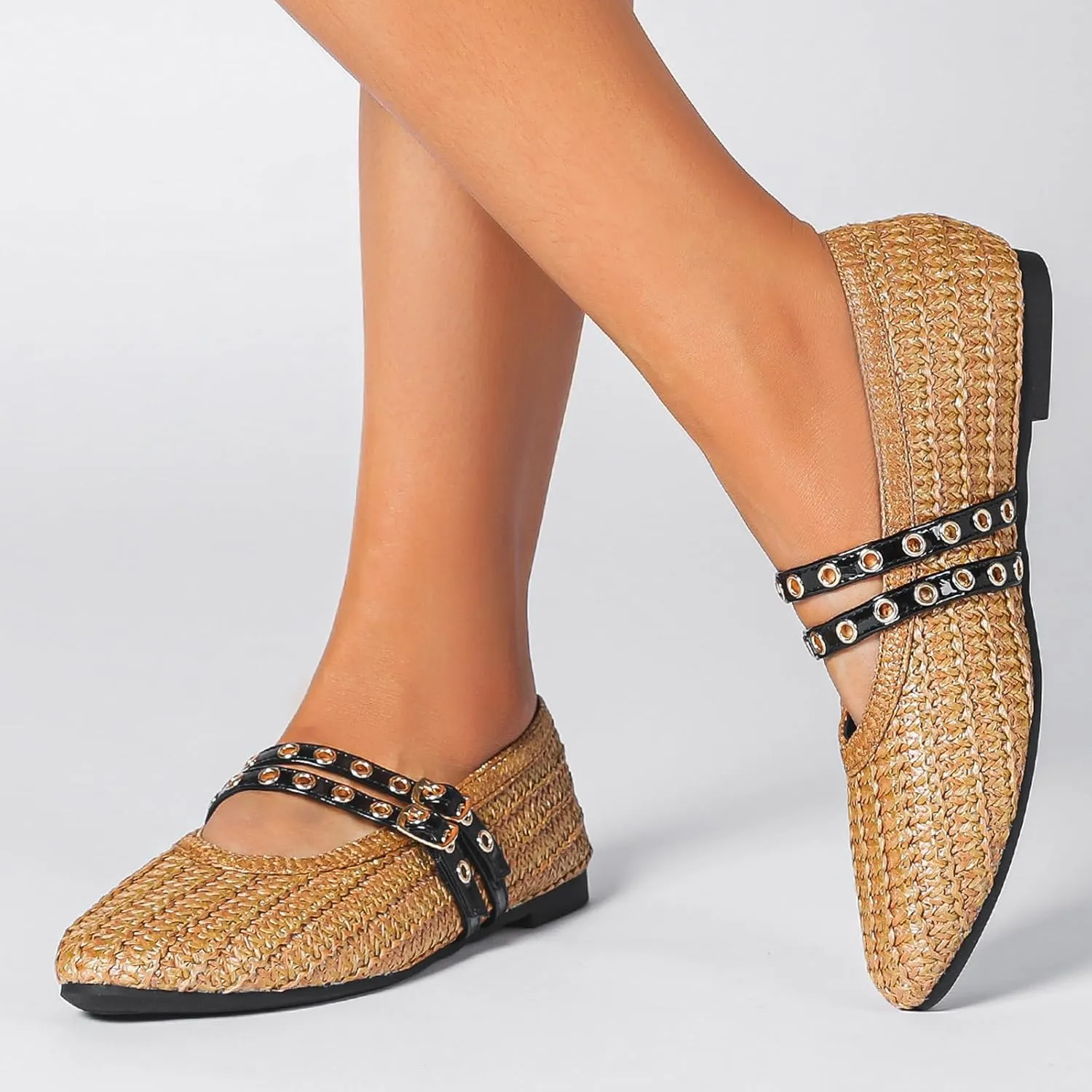 Raffia Woven Ballet Flats for Women, Comfort Casual Flat Shoe for Women,Adjustable Double Buckle Strap Eyelet Mary Jane