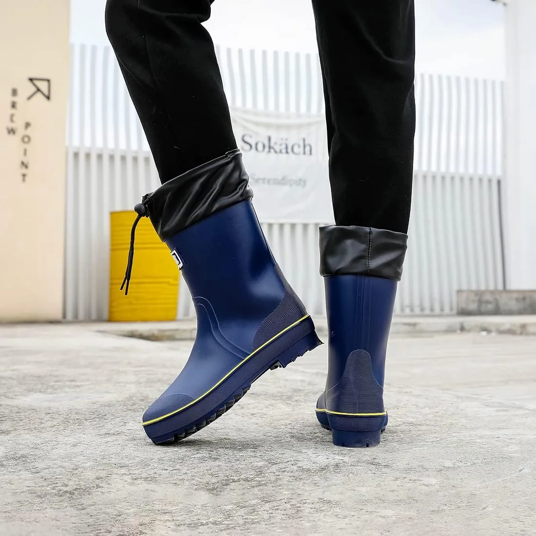 Rain Boots for Men, Waterproof Warm Rubber Boots Mens Garden Boots, Comfort Mid-Calf Lightweight Adjustable Raining Shoes, Elastic Chelsea Ankle Rain Boots Fishing Shoes for Yard Farm Outdoor Work