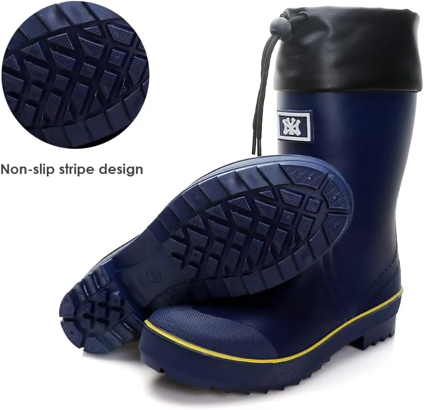 Rain Boots for Men, Waterproof Warm Rubber Boots Mens Garden Boots, Comfort Mid-Calf Lightweight Adjustable Raining Shoes, Elastic Chelsea Ankle Rain Boots Fishing Shoes for Yard Farm Outdoor Work