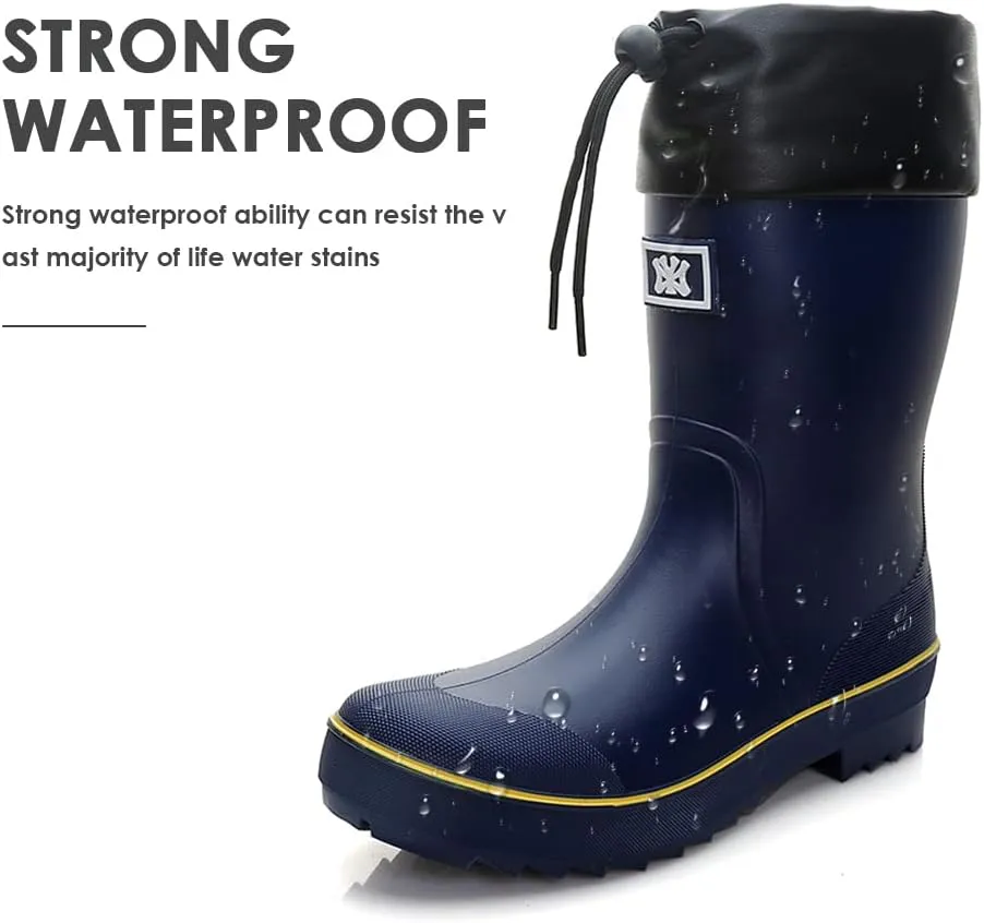 Rain Boots for Men, Waterproof Warm Rubber Boots Mens Garden Boots, Comfort Mid-Calf Lightweight Adjustable Raining Shoes, Elastic Chelsea Ankle Rain Boots Fishing Shoes for Yard Farm Outdoor Work