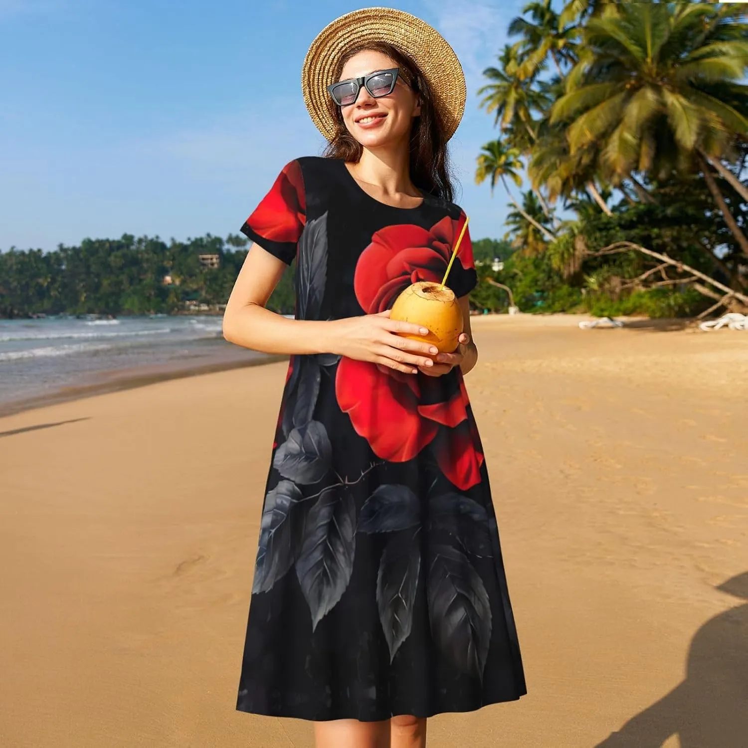 Red Rose and Black Leaves Print Women's Short Sleeve Dress,Sundresses Summer A-Line Dress with Pockets