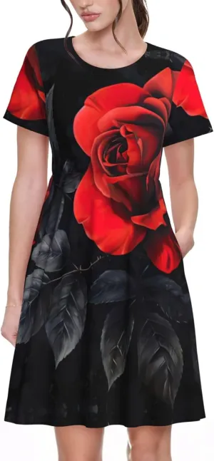 Red Rose and Black Leaves Print Women's Short Sleeve Dress,Sundresses Summer A-Line Dress with Pockets