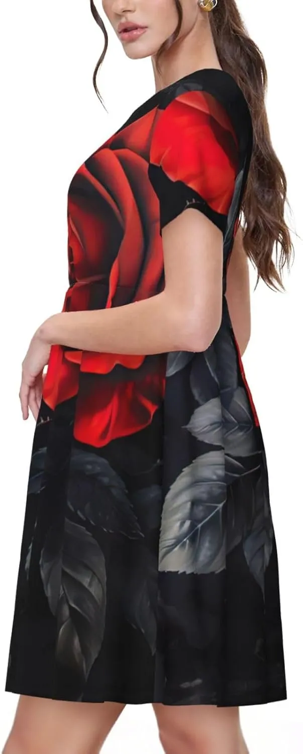 Red Rose and Black Leaves Print Women's Short Sleeve Dress,Sundresses Summer A-Line Dress with Pockets
