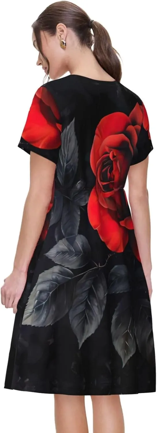 Red Rose and Black Leaves Print Women's Short Sleeve Dress,Sundresses Summer A-Line Dress with Pockets