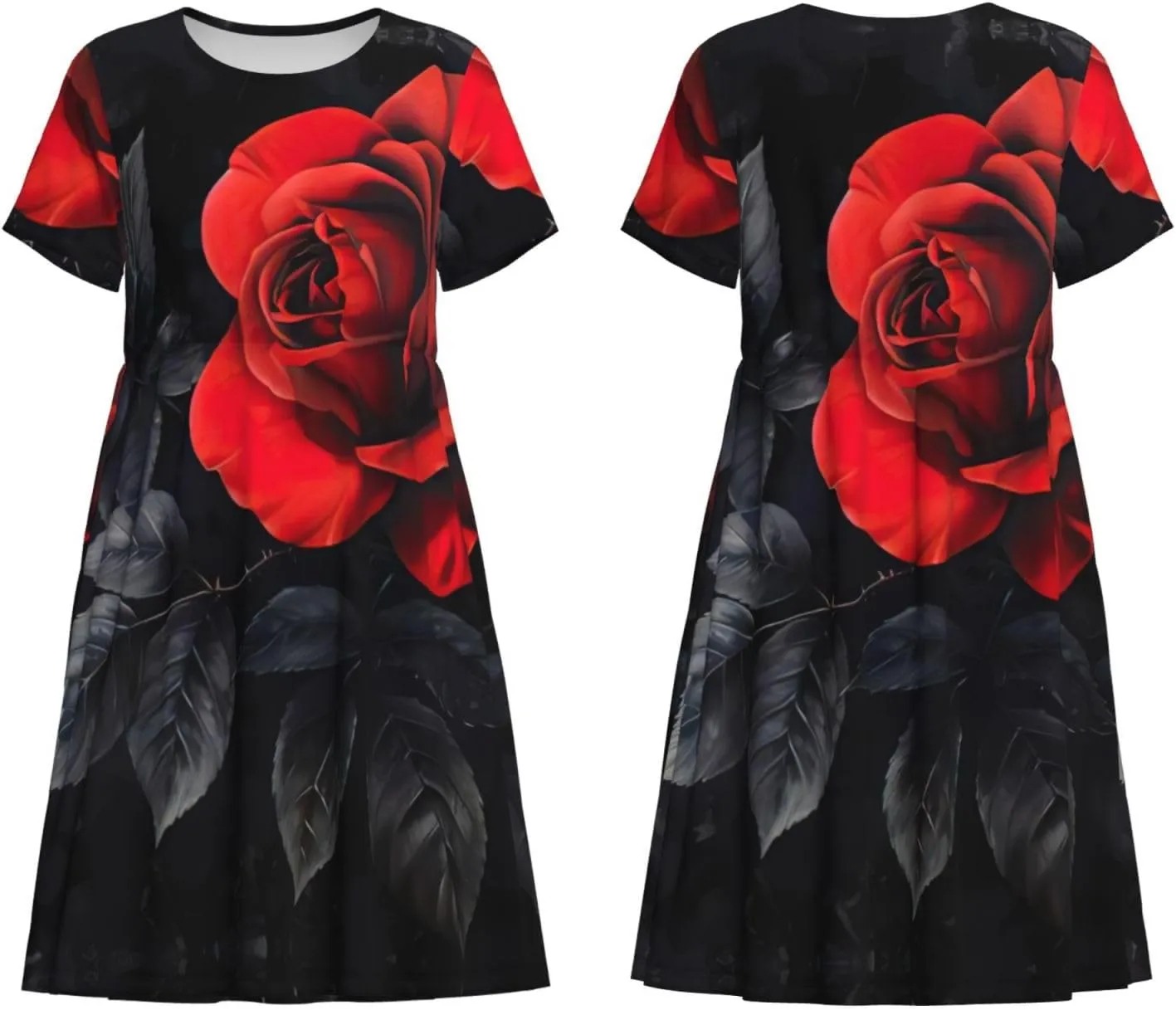 Red Rose and Black Leaves Print Women's Short Sleeve Dress,Sundresses Summer A-Line Dress with Pockets
