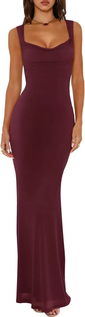 REORIA Women's Summer Cowl Neck Mesh Sleeveless Tank Dress Sexy Double Lined Bodycon Maxi Long Dresses