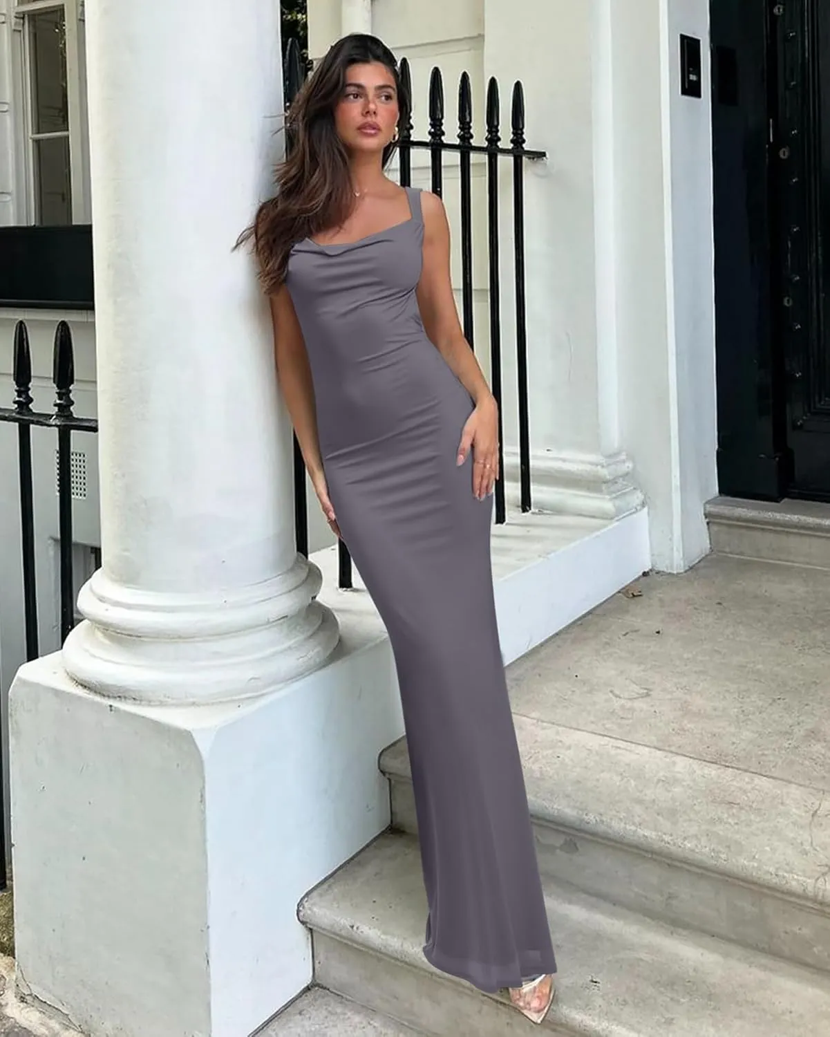 REORIA Women's Summer Cowl Neck Mesh Sleeveless Tank Dress Sexy Double Lined Bodycon Maxi Long Dresses