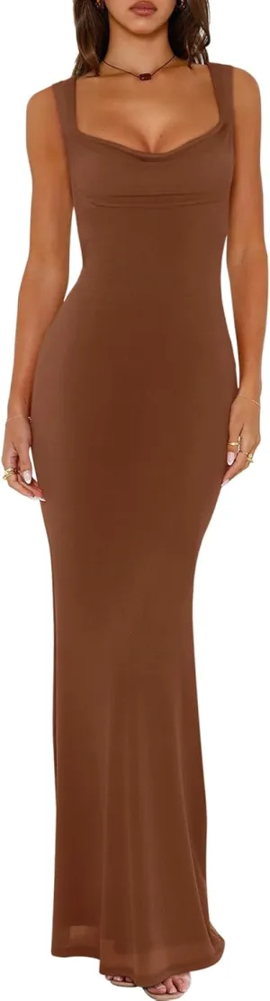 REORIA Women's Summer Cowl Neck Mesh Sleeveless Tank Dress Sexy Double Lined Bodycon Maxi Long Dresses